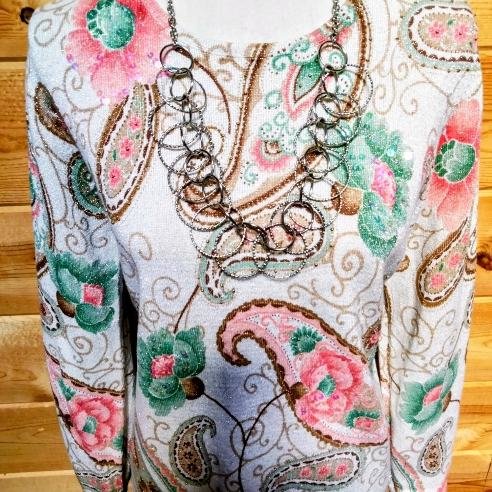 Alfred Dunner Shimmery Cream Floral & Pasley Sweater Shirt - Picture 4 of 14